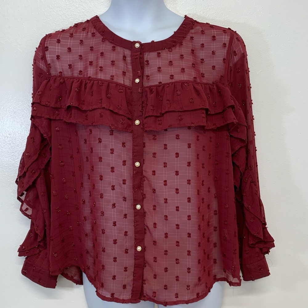 Alice Blue Blouse Woman 2X Button Up Sheer Ruffle Swiss Dot Pearl Buttons Maroon